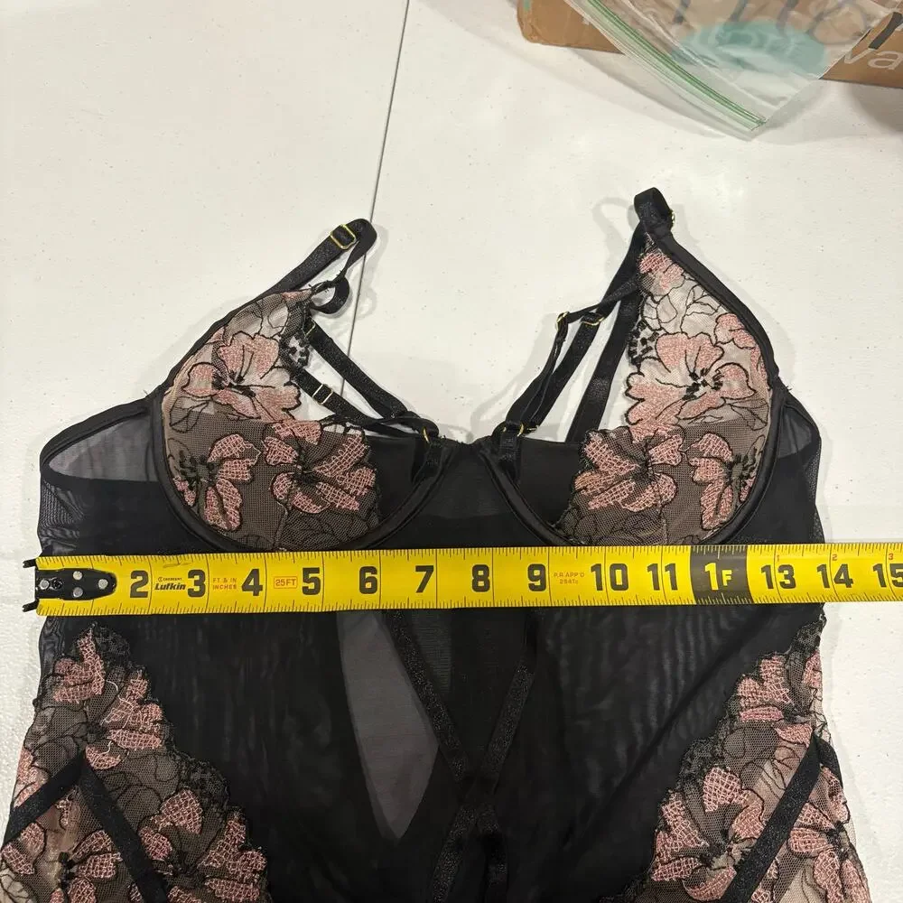 House of Desire Nova Blacklight Lace Chemise In Black  Floral Lingerie Large - Picture 8 of 9